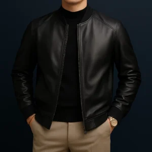 Casaca de cuero PU cuello béisbol color negro