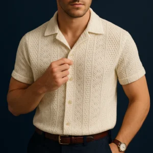 Camisa manga corta tejida patrón geométrico color albaricoque para hombre