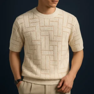 Polo tejido geométrico manga corta color beige para hombre