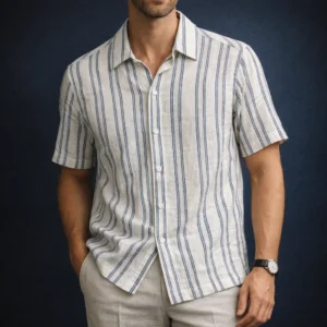 Camisa tejida a rayas OBM (hueso con azul)